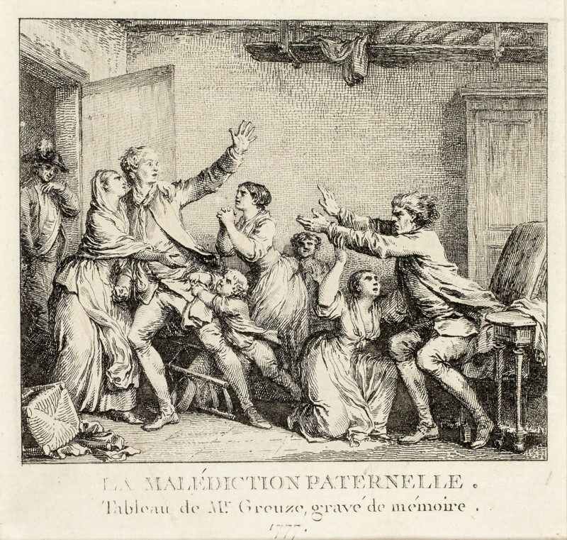 Paternal Curse, 1777–78, Jean Michel Moreau (French, 1741-1814), after Jean-Baptiste Greuze (French, 1725-1805), France, Etching with engraving on paper, 95 × 104 mm (image), 370 × 270 mm (sheet)