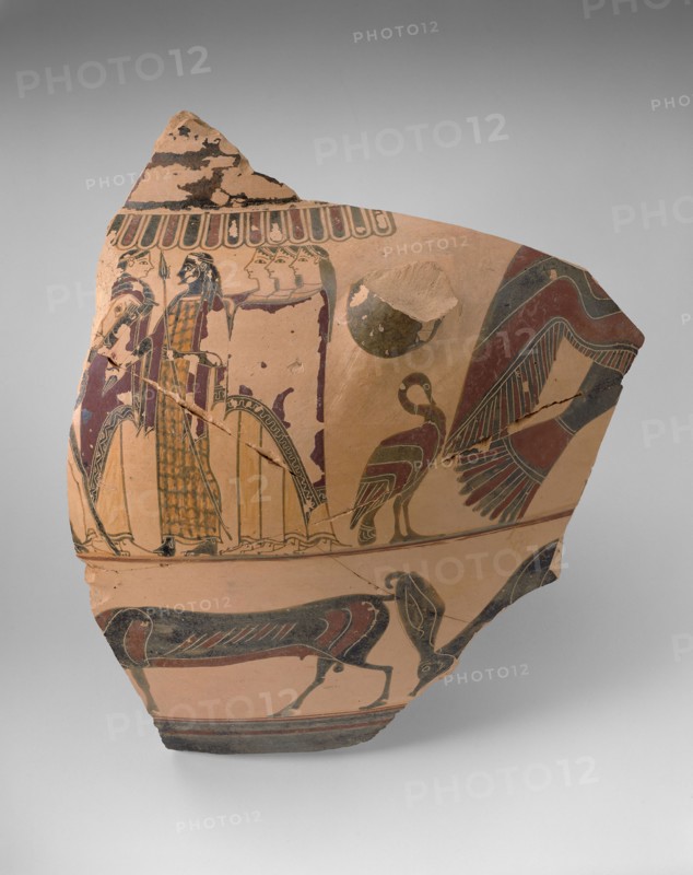 Fragment of a Column Krater (Mixing Bowl), 580/570 BC, Greek, Corinth, Attributed to the Cavalcade Painter, Corinth, terracotta, decorated in the black-figure and outline techniques, H. 25 cm (9 7/8 in.), w. 21 cm (8 1/4 in.)