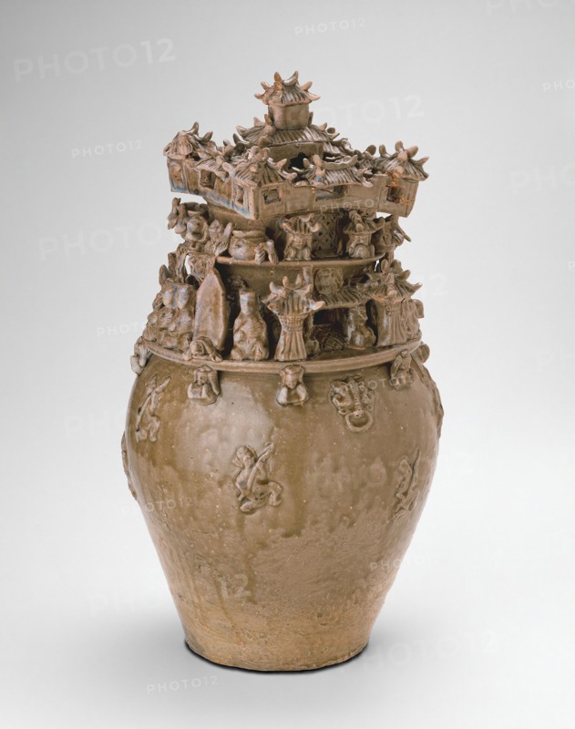 Funerary Urn (Hunping), Western Jin dynasty (A.D. 265–316), late 3rd century, China, Stoneware with olive-green glaze and molded and applied decoration, H. 48.7 cm (19 3/16 in.), diam. 27.5 cm (10 13/16 in.)