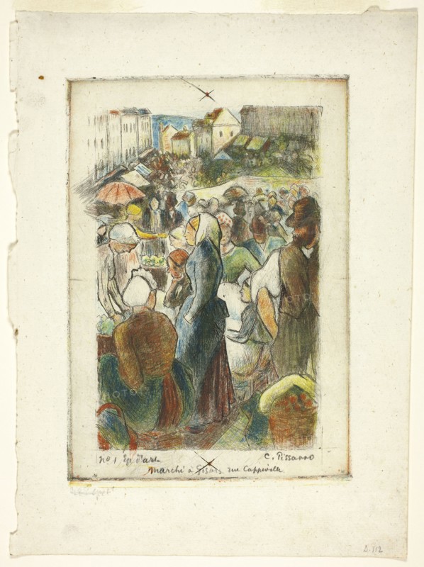 The Market at Gisors, Rue Cappeville, c. 1894, Camille Pissarro, French, 1830-1903, France, Color etching on ivory laid China paper, 204 × 142 mm (image/plate), 274 × 202 mm (sheet)