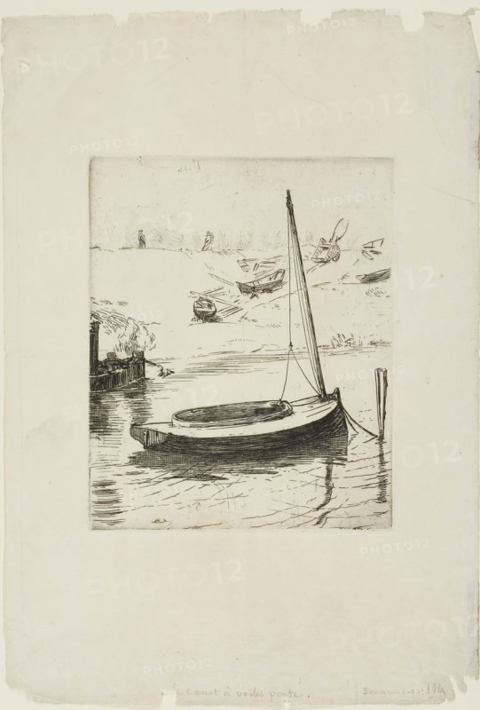 The Boat with Lowered Sail, 1868, Felix Bracquemond, French, 1833–1914, France, Etching on cream laid paper, 165 × 135 mm (image), 307 × 211 mm (sheet)