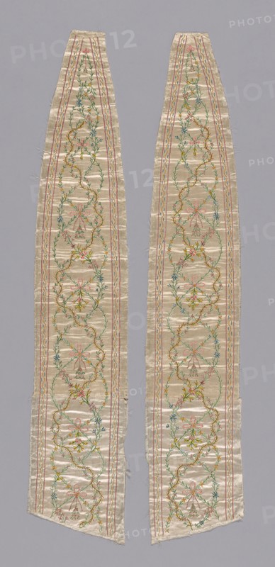 Dress Insert, 1780, France, Silk, warp-float faced satin weave, underlaid with linen, plain weave, embroidered with silk floss and silk ribbons in back, running, satin, stem and surface satin stitches, couching and French knots, 97.8 × 18.4 cm (38 3/8 × 7 1/4 in.)