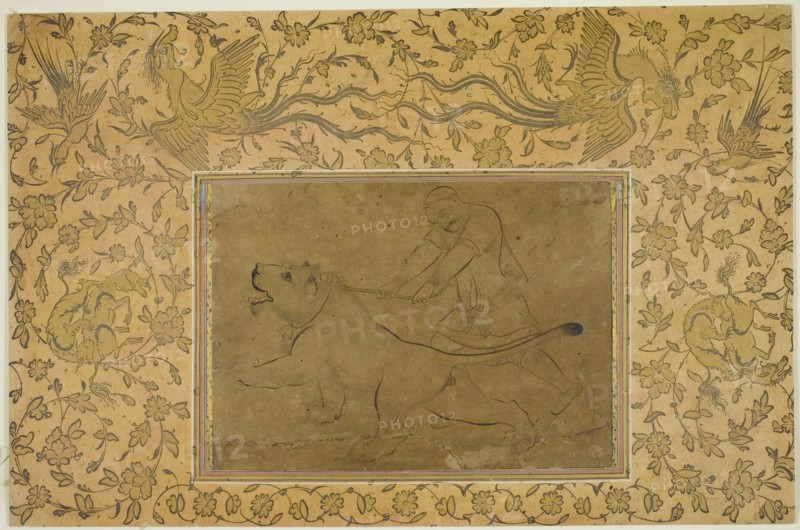 The Lion Tamer, Safavid dynasty (1501–1722), early 17th century, Iran, Attributed to Sadiqi Beg (1533-1610), Iran, Ink and gold on paper, Image: 13.8 x 19.6 cm (5 7/16 x 7 3/4 in.),