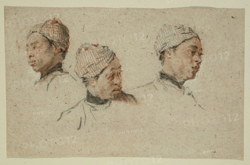 Three Studies of the Head of a Turbaned Black Man, 1720/30, Nicolas Lancret, French, 1690-1743, France, Black, red and white chalks on oatmeal laid paper, 176 × 283 mm