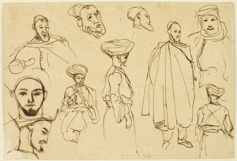 Sketches of Algerian Men, c. 1832, Eugène Delacroix, French, 1798-1863, France, Pen and brown ink, with traces of graphite, on tan wove paper, laid down on cream wove paper, 205 × 302 mm