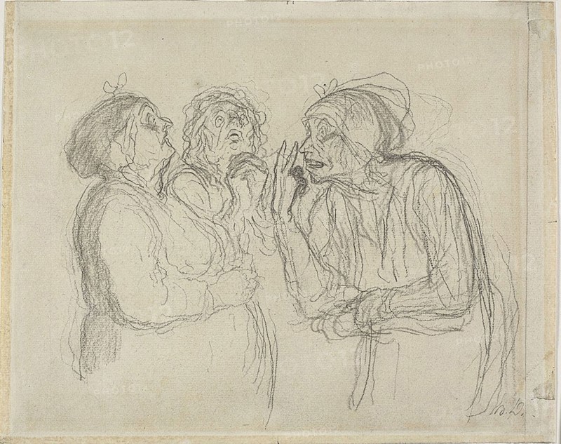 Three Gossips, 1865/1867, Honoré Victorin Daumier, French, 1808-1879, France, Black crayon and charcoal, on ivory laid paper, 233 × 290 mm