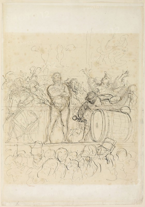 The Side Show (La Parade), 1865/67, Honoré Victorin Daumier, French, 1808-1879, France, Pen and black ink and brush and gray wash, with charcoal, on ivory laid paper (discolored to cream), 517 × 364 mm