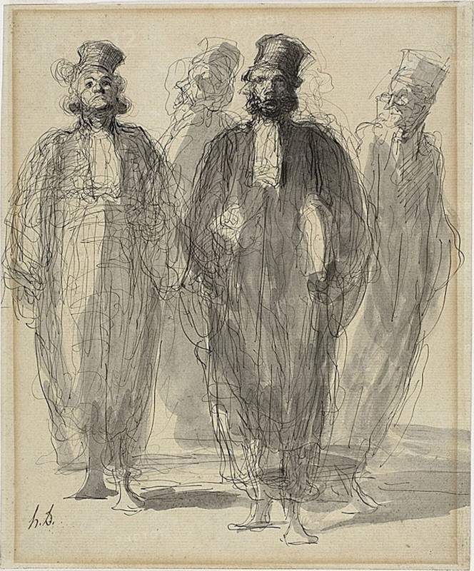 Four Lawyers, 1867/1870, Honoré Victorin Daumier, French, 1808-1879, France, Pen and black ink and brush and gray wash, on grayish-cream laid paper, laid down on cream wove paper, 271 × 225 mm