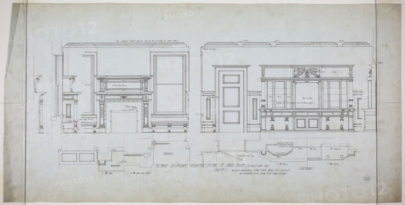 David Lewinsohn House, Chicago, Illinois, Dining Room Elevations and Details, 1898, Fritz Frederick L. Foltz, American, born Germany, 1843–1915, Chicago, Ink on linen, 46.5 × 91 cm (18 5/16 × 35 13/16 in.)