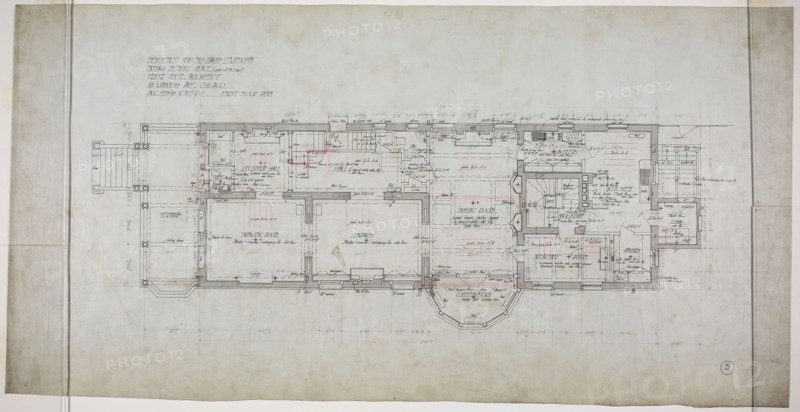 David Lewinsohn House, Chicago, Illinois, First Floor Plan, 1898, Fritz Frederick L. Foltz, American, born Germany, 1843–1915, Chicago, Ink on linen, 46.5 × 91 cm (18 5/16 × 35 13/16 in.)