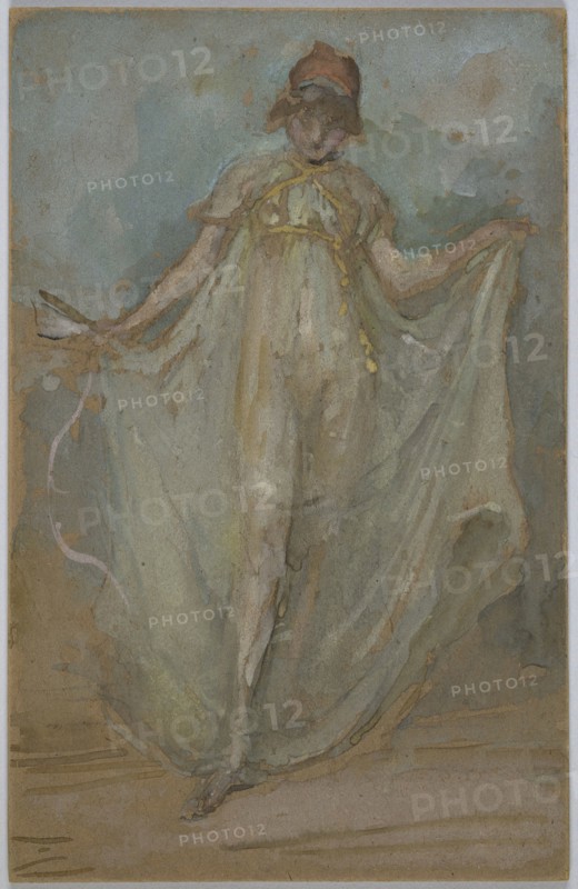 Green and Blue: The Dancer, c. 1893, James McNeill Whistler, American, 1834-1903, United States, Watercolor and opaque watercolor over traces of black chalk on brown wove paper laid down on card, 275 × 183 mm