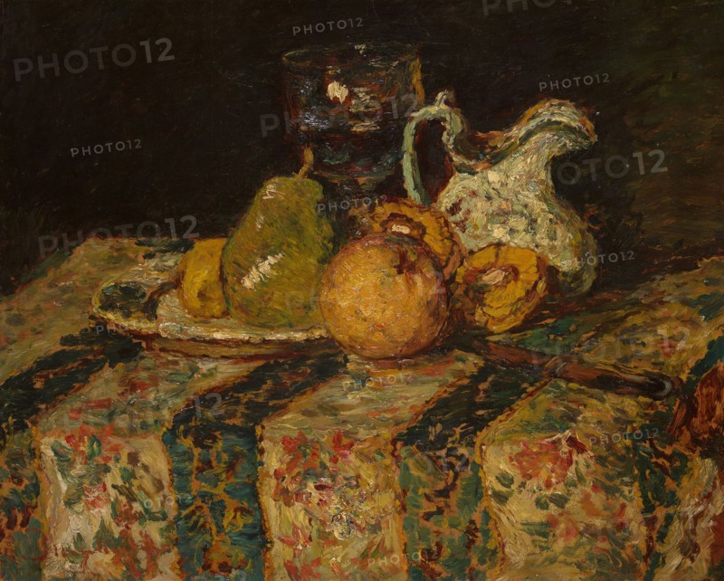Still Life with Fruit and Wine Jug, 1874, Adolphe-Joseph-Thomas Monticelli, French, 1824-1886, France, Oil on panel, 19 × 23 1/2 in. (48.2 × 59.7 cm)