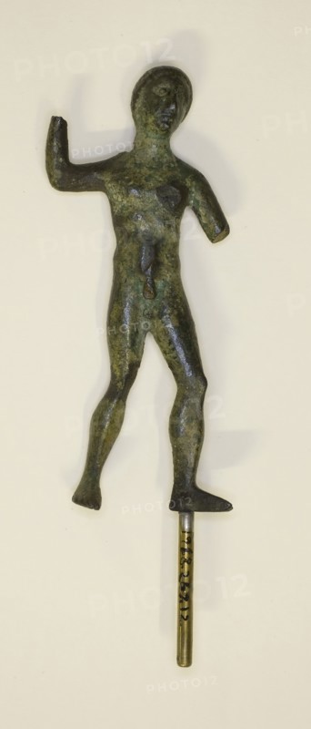 Statuette of Herakles, 4th/3rd century BC, Etruscan, Etruria, Bronze, 9 × 4 × 1.5 cm (3 1/2 × 1 1/2 × 1/2 in.)