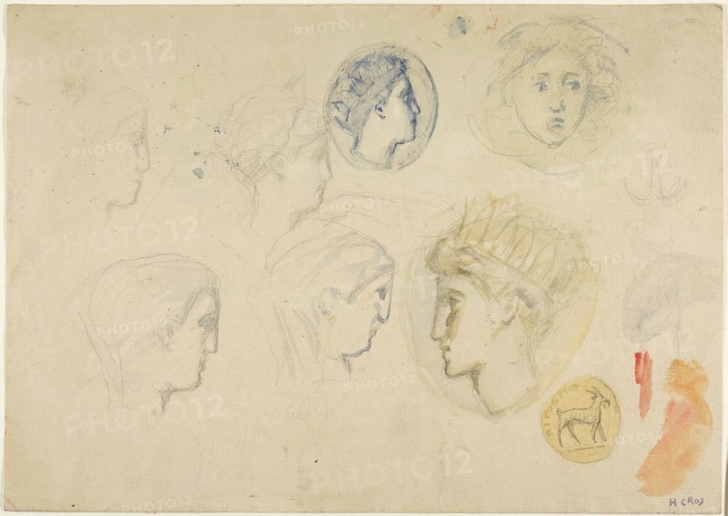 Sketches: Profile Heads, Coins or Medals (recto), Trees (verso), c. 1885, Henri Cros, French, 1840-1907, France, Watercolor and graphite on cream laid paper, 244 × 344 mm