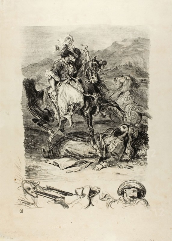 Combat Between Giaour and Pasha, 1827, Eugène Delacroix, French, 1798-1863, France, Lithograph in black on ivory wove paper, 358 × 260 mm (image), 475 × 339 mm (sheet)