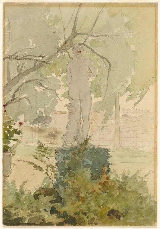 Garden View, c. 1880, Henri Stanislas Rouart, French, 1833-1912, France, Watercolor, over traces of graphite, on cream laminate card, 253 × 175 mm