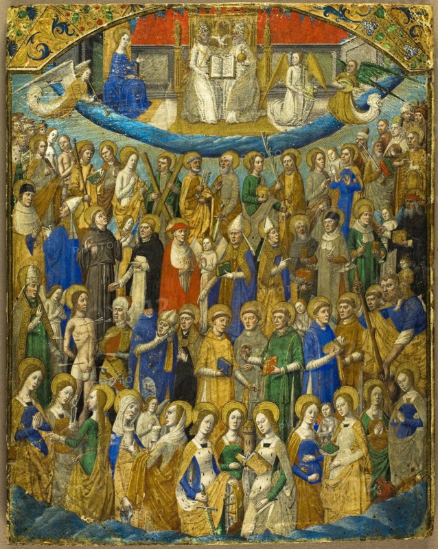 The Trinity and Saints in Paradise, or La Cour Céleste from a volume of La Cité de Dieu by St Augustine, mid–15th century, French (Paris), style of Maître François, France, Tempera and gold leaf on vellum, laid down on wood panel, 178 × 222 mm