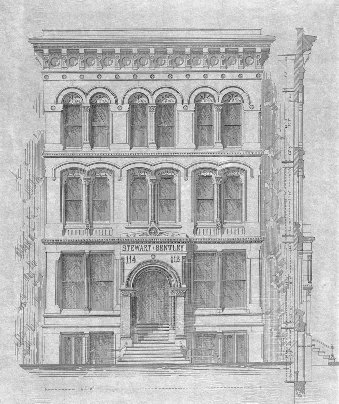 Stewart–Bentley Building, Chicago, Illinois, Elevation and Exterior Wall Section, 1872, Carter, Drake and Wight (American, 1871–1873), John Wellborn Root (American, 1850–1891), Peter Bonnett Wight (American, 1838–1925), Dearborn Street, 30-32 North, Ink on tracing paper, mounted on heavy paper, 49.5 × 40.8 cm (19 1/2 x 16 1/16 in.)