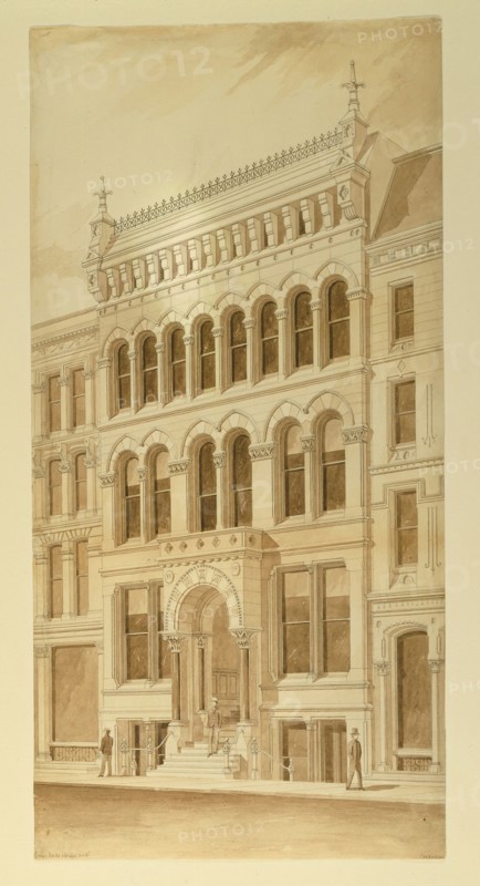 Lenox Building, Chicago, Illinois, Perspective, 1872, Carter, Drake and Wight (American, 1871–1873), Peter Bonnett Wight (American, 1838–1925), John Wellborn Root (American, 1850–1891), Washington Street, 59 West, Ink and wash on paper, 51.2 × 25 cm (20 3/16 x 9 7/8 in.)