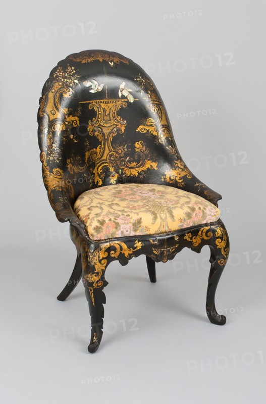 Pair of Chairs, 1844, Jennens and Bettridge, Birmingham and London, England, 1815-1864, Birmingham, Papier-mâché, wood, gilded and inlaid with mother-of-pearl, modern upholstery, 91.1 × 60.3 × 59.1 cm (35 7/8 × 23 3/4 × 23 1/4 in.)