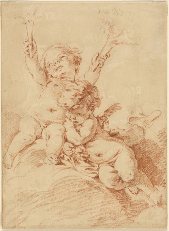 Two Putti, n.d., Attributed to François Boucher, French, 1703-1770, France, Red chalk, over graphite, on cream laid paper, laid down on tan laid paper with blue fibers, 253 × 185 mm