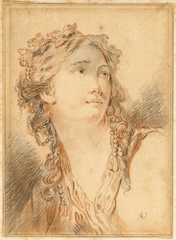 Head of Bacchante, n.d., Attributed to François Boucher, French, 1703-1770, France, Red chalk and black chalk, on cream laid paper, laid down on buff wove paper, 198 × 145 mm