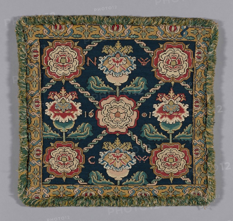 Cushion Cover, 1601, England, Linen, plain weave, embroidered with silk, linen, and wool yarns in long-armed cross stitches, edged with wool and linen, plain weave with extended weft cut fringe, 49.5 × 52.8 cm (19 1/2 × 20 3/4 in.)