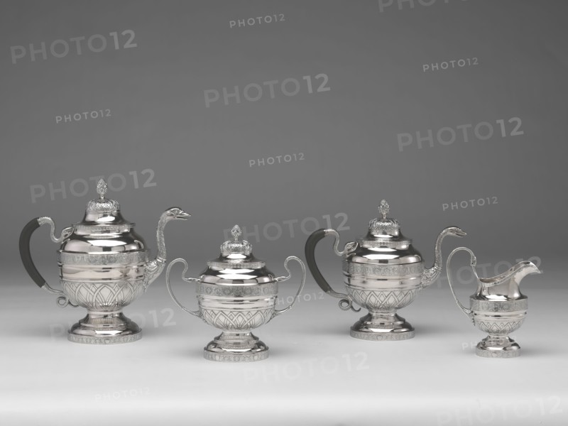Tea and Coffee Service, 1809/12, Jean-Simon Chaudron, American, born France, 1758–1846, Anthony Rasch, American, c.1780–1858, Philadelphia, Philadelphia, Silver and ebonized wood, Coffee pot: 27.9 × 30.5 × 15.2 cm (11 3/4 × 12 × 6 1/2 in.), 1475.2 g, Tea pot: 25.4 × 30.5 × 12.7 cm (10 1/8 × 12 × 5 7/8 in.), Cream pot: 17.8 × 15.2 × 10.2 cm (7 1/4 × 6 1/4 × 4 in.), Sugar bowl: 22.9 × 22.9 × 12.7 cm (9 × 9 1/2 × 5 1/4 in.), 800.9 g