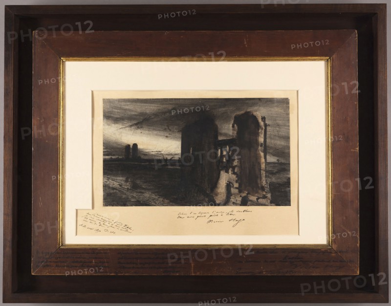 Landscape with Two Ruined Castles, 1847, Victor Marie Hugo, French, 1802-1885, France, Brush with brown ink and brown wash, over black crayon and graphite, with shellac, on ivory wove paper, laid down on tan wove paper, 268 × 465 mm