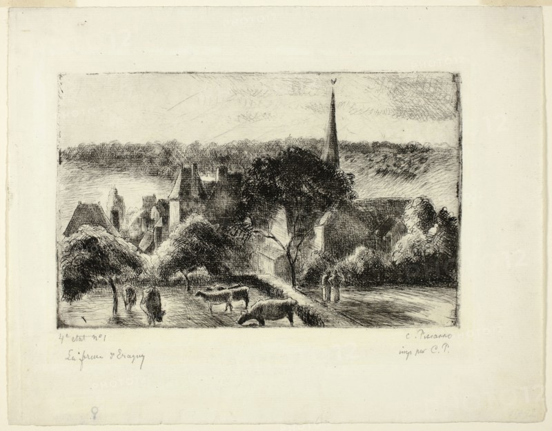 Church and Farm at Éragny, 1895, Camille Pissarro, French, 1830-1903, France, Etching and drypoint in black on ivory laid paper, 155 × 243 mm (image/plate), 251 × 323 mm (sheet)