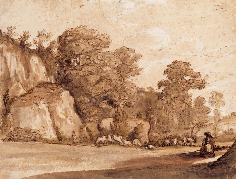 A Rocky Hillside, 1635/1636, Claude Lorrain, French, 1600-1682, France, Pen and brown ink, brush with brown, pink, and green wash, heightened with white gouache, over traces of red chalk, on cream laid paper, 209 × 276 mm