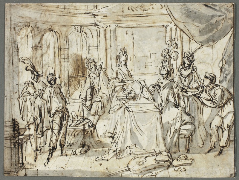 The Actors Making Ready (recto), Studies of the Holy Family and Saint John the Baptist (verso), 1705/1710, Recto by Claude Gillot (French, 1673-1722), Verso attributed to Claude Gillot (French, 1673-1722), France, Pen and brown ink and brush and gray wash (recto), and pen and brown ink and brush and gray wash, with touches of pen and black ink and traces of red chalk (verso), on cream laid paper, 158 × 260 mm