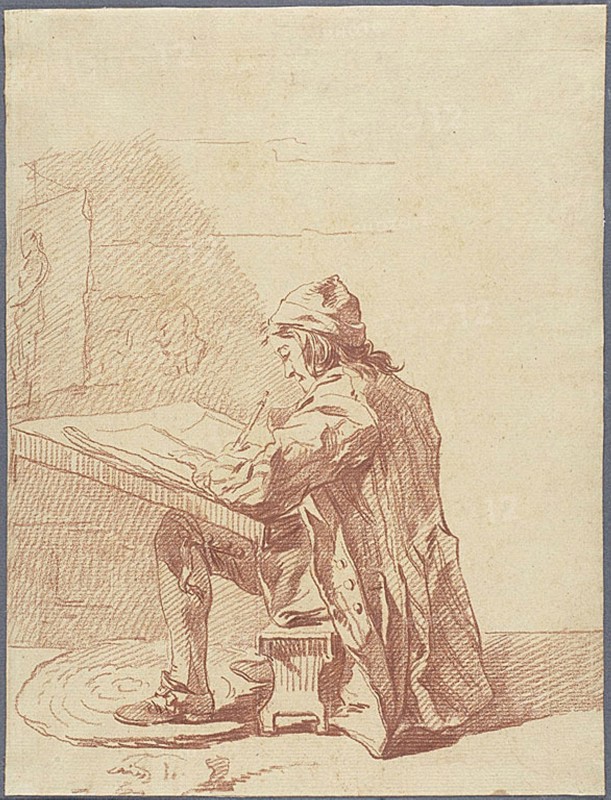 An Artist Sketching in His Studio, 1771/1772, François-André Vincent, French, 1746-1816, France, Red chalk on tan laid paper, 262 × 199 mm