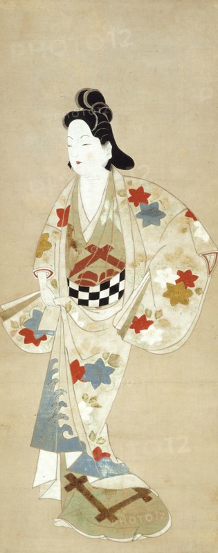 Standing Beauty, 1661/73, Japanese, Japan, Hanging scroll, ink, color, and gold on paper, 66.0 x 27.0 cm (26 x 10 5/8 in.), including mount and knobs: 145.8 x 39.6 cm (57 7/16 x 15 5/8 in.)