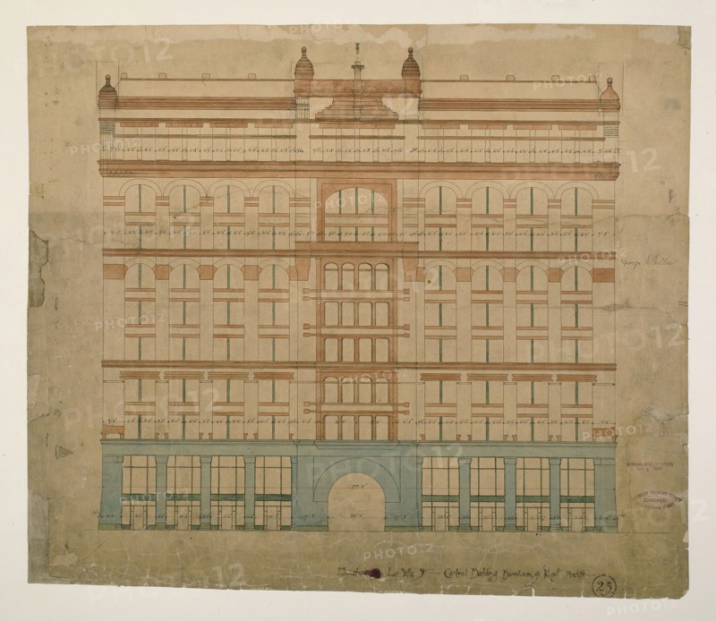 Rookery Building, Chicago, Illinois, LaSalle Street Elevation, 1885/87, Burnham & Root, American, 1873–1891, LaSalle Street, 209 South, Multicolored hectograph print on heavy paper, 62.9 × 73 cm (24 3/4 × 28 3/4 in.)