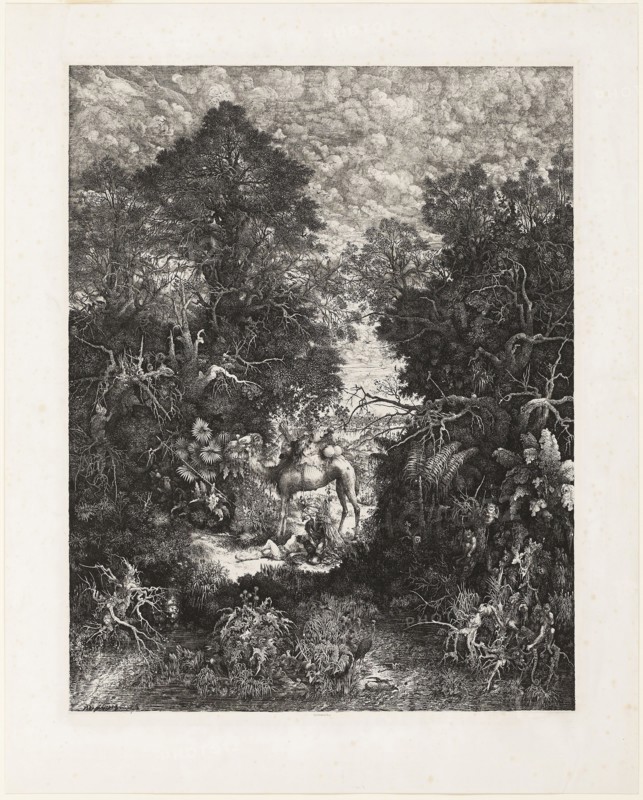 The Good Samaritan, 1861, Rodolphe Bresdin, French, 1825-1885, France, Lithograph on white China paper laid down on white wove paper, 564 × 443 mm (image), 690 × 554 mm (sheet)