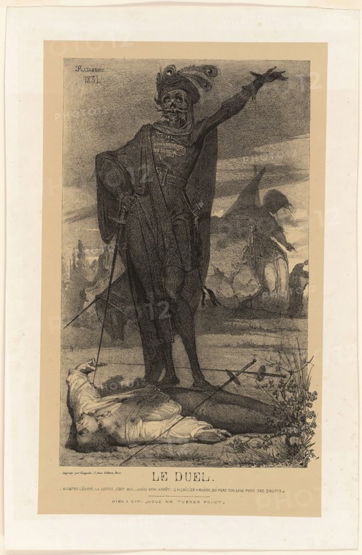 The Duel, 1851, Charles Rambert (French, c. 1836-1867, died before 1899), printed by Kaeppelin, France, Lithograph in black on tan wove paper, laid down on off-white wove paper, 387 × 246 mm (image), 449 × 269 mm (primary support), 514 × 335 mm (secondary support)
