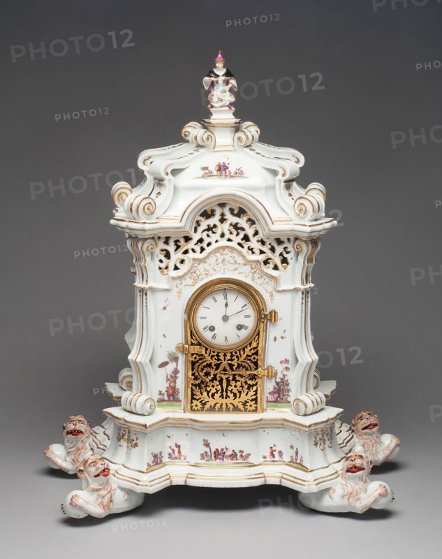Clock, 1727/30, Meissen Porcelain Manufactory, German, founded 1710, Modeled by George Fritzsche (German, 1681-1709), Painted in the manner of Johann Gregor Höroldt (German, active 1720-56, 1763-65), Meissen, Hard-paste porcelain, polychrome enamels, and gilding, 20.8 × 43.8 × 20.3 cm (8 3/16 × 17 1/4 × 8 in.)