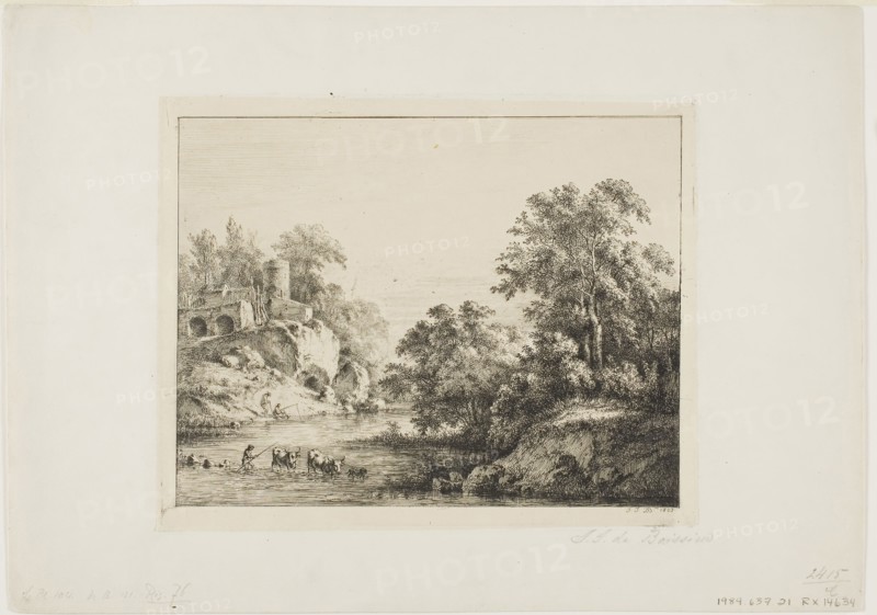 The Little Ford, 1803, Jean Jacques de Boissieu, French, 1736-1810, France, Etching on pale pink paper laid down on ivory wove paper (China paper collé), 146 × 188 mm (image), 226 × 320 mm (sheet)