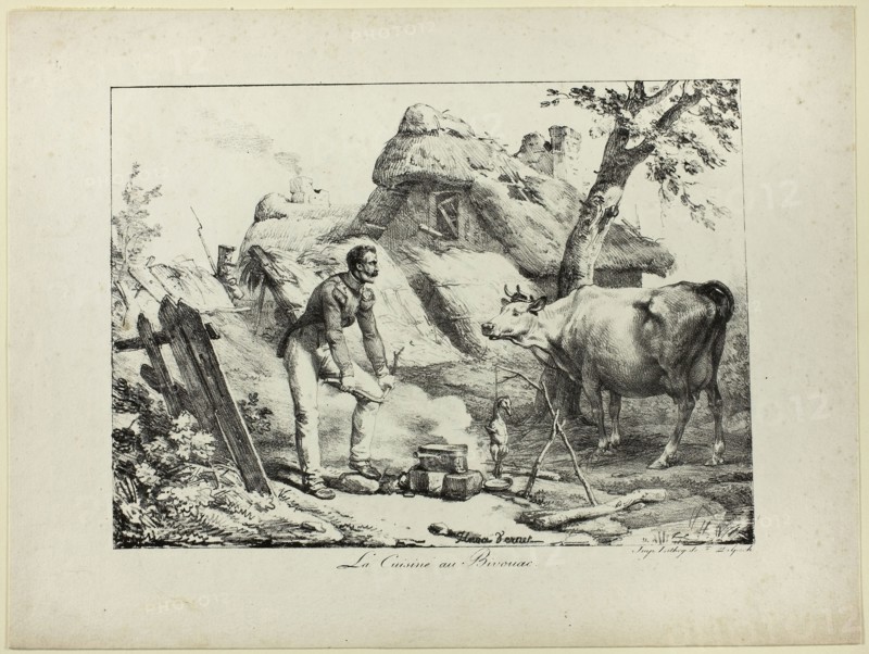 Bivouac Kitchen, n.d., Horace Vernet (French, 1789-1863), printed by Francois Seraphin Delpech (French, 1778-1825), France, Lithograph in black on ivory wove paper, 189 × 262 mm (image), 261 × 348 mm (sheet)