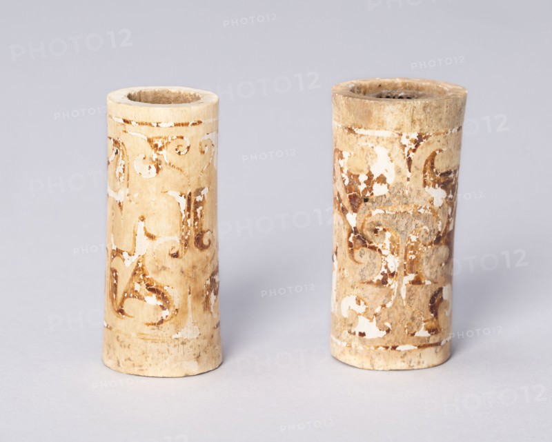 Pair of Tubular Beads, Eastern Zhou dynasty, Warring States (Zhanguo) period (480–221 B.C.), China, Bone with painted decoration, H. 9.8 cm, diam. 4.0 cm