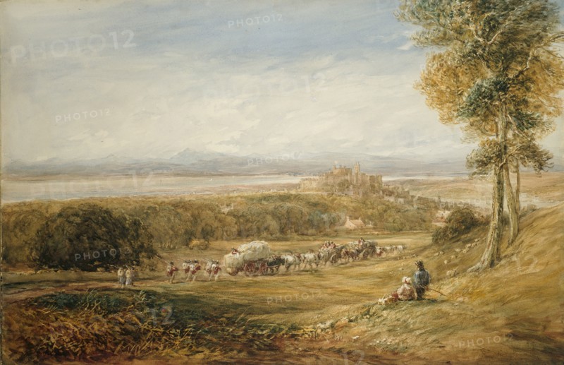 Lancaster: Peace and War, 1842, David Cox the elder, English, 1783-1859, England, Watercolor, with touches of gouache, black chalk, and scraping, selectively varnished with gum arabic, on cream wove paper, 497 × 760 mm