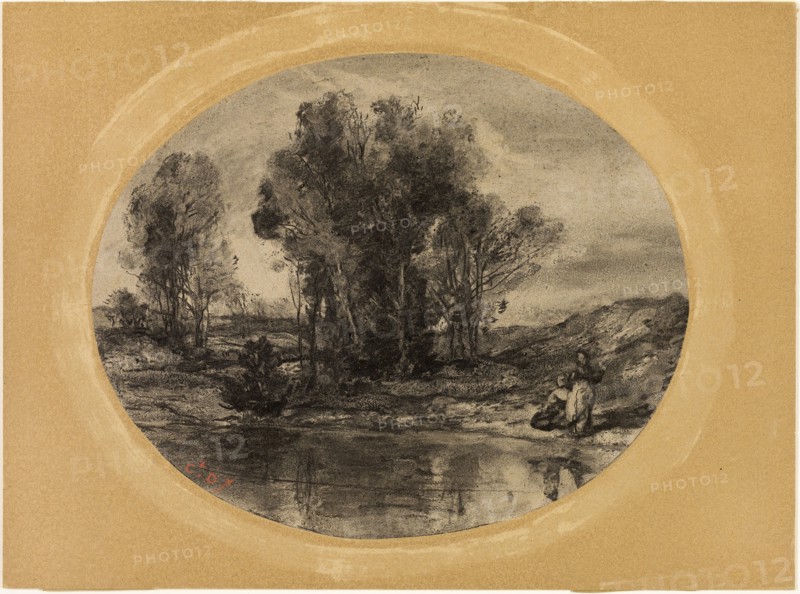 Figures by a Pond, 1855/60, Henri Joseph Constant Dutilleux, French, 1807-1865, France, Charcoal, with stumping, scraping, and erasing, on buff wove paper, laid down on tan cardboard, 232 × 286 mm