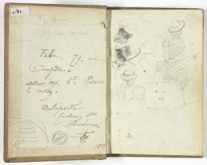 Sketchbook, c. 1885, Henry Somm, French, 1844-1907, France, Pen and black, brown, and blue inks and graphite on ivory wove paper, 140 × 90 mm (page), 149 × 100 mm (binding)
