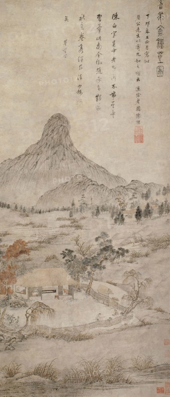 Planting Fragrant Fungus at the Tiaozhou’an, Ming dynasty (1368–1644), 1627 (?), Attributed to Chen Guan, Chinese, 1563-1639, China, Hanging scroll, ink and light color on paper, 109.7 × 47.7 cm