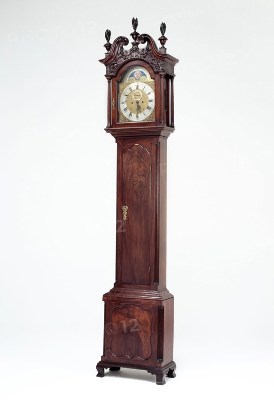 Tall Case Clock, 1765/75, Works by John Wood Jr., American, 1736–1793, Philadelphia, Mahogany and tulip wood, brass, iron, and glass, 254 × 47.6 × 22.9 cm (100 × 18 3/4 × 9 in.)