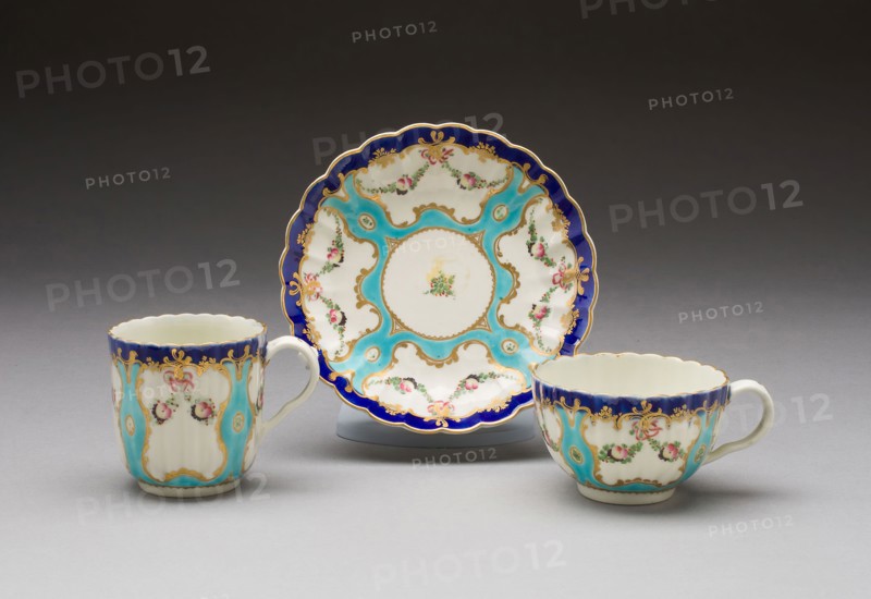 Teacup, Coffee Cup, and Saucer, c. 1775, Worcester Porcelain Factory, Worcester, England, founded 1751, Worcester, Soft-paste porcelain with polychrome enamels and gilding, Teacup H. 4.7 cm (2 in.), Coffee cup H. 6.5 cm (2 1/2 in.), Saucer diam. 13.6 cm (5 1/3 in.)