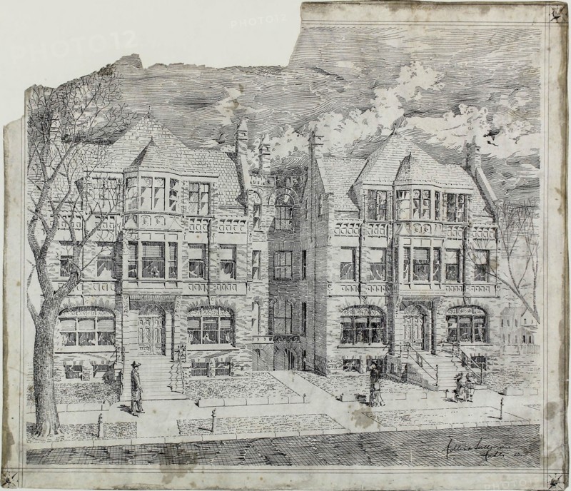 Double House for Mr. Straus, Perspective View, 1883, Adler & Sullivan, Architects (American, fl. 1883–1895), Louis H. Sullivan (American, 1856–1924), Dankmar Adler (American, 1844–1900), United States, Ink on drawing paper, 47.3 × 54.6 cm (18 5/8 × 21 1/2 in.)