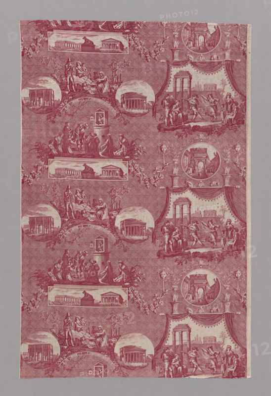 Le Romain (The Roman) (Furnishing Fabric), 1811/1821, Designed by Jean Baptiste Huet (French, 1745–1811) after etchings by Bartolomeo Pinelli (Italian, 1781–1835) engraved by Jules Mallet (French, 1759–1835), Manufactured by Oberkampf et Widmer (French, 1738-1815), France, Jouy-en-Josas, France, Cotton, plain weave, engraved roller printed, 149.8 × 96.9 cm (59 × 38 1/8 in.)
