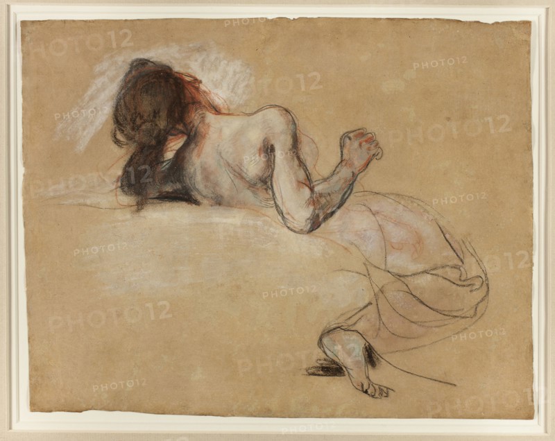 Crouching Woman, 1827, Eugène Delacroix, French, 1798-1863, France, Black and red chalk, with pastel, heightened with white chalk, over wash, on tan wove paper, 246 × 314 mm, The Tay at Kinfauns, 1890, David Young Cameron, Scottish, 1865-1945, Scotland, Etching on cream laid paper, 178 x 338 mm (image/plate), 260 x 440 mm (sheet)